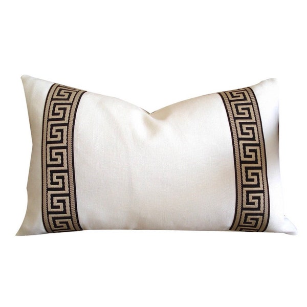 Linen Pillow Cover Greek key tape Designer off white black beige  ribbon trim All Size Available chinoiserie lumbar in stock 12 x 16