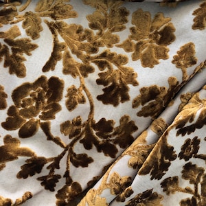 Designer Fabric Yard asian floral burnout flock gold charcoal cut velvet rich tone drapery Craft upholstery bedding pillow high end toile