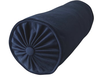 Velvet Bolster pillow cover designer Navy cushion button tufted side lumbar piping 6 x 24 stock