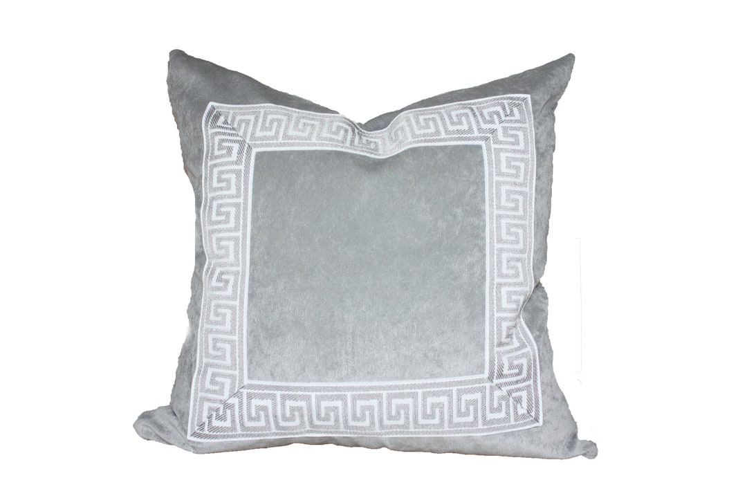 Grey Designer Velvet Pillow Cover Grey White Greek Key Ribbon Trim All ...