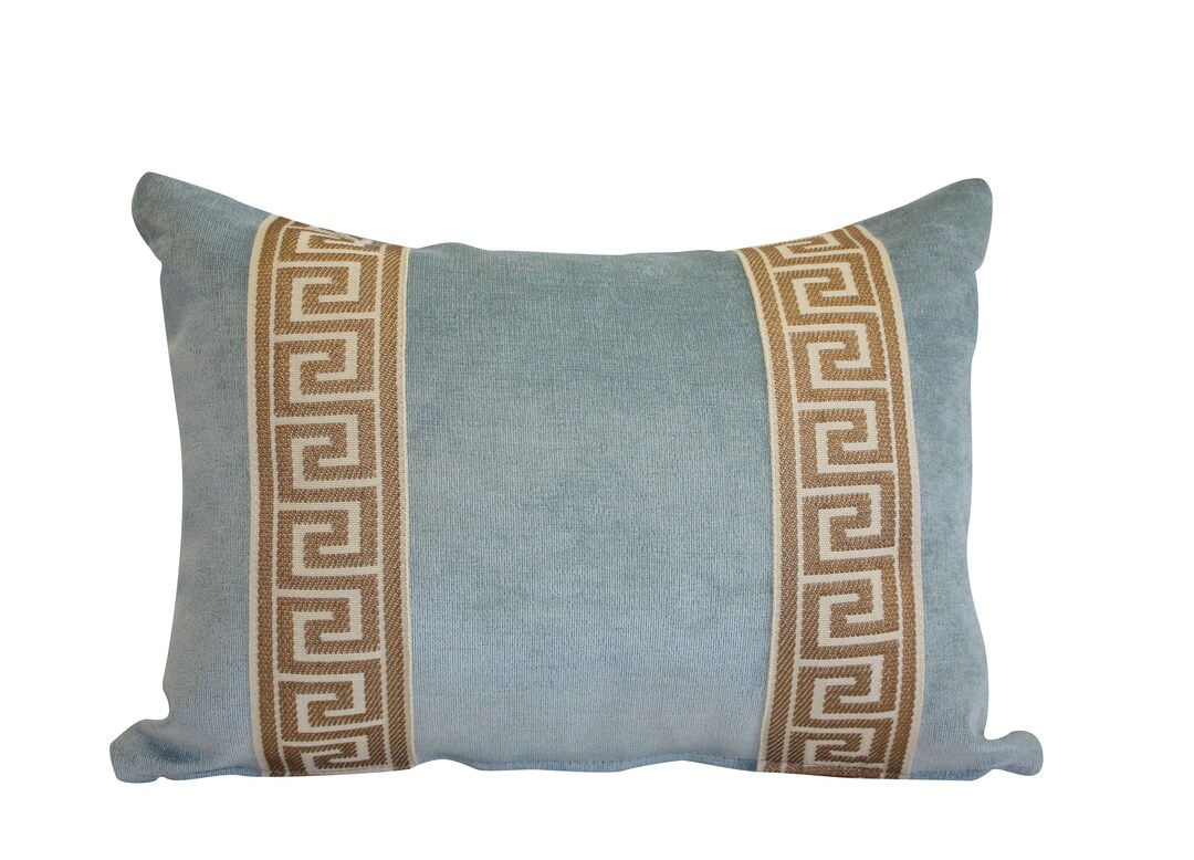 Aqua Designer Velvet Throw Pillow Cover Gold Cream Greek Key Ribbon