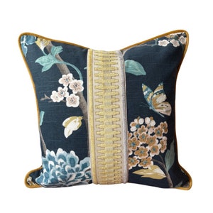 Designer Robert Allen Chinoiserie Bird Cotton Pillow Cover with Fret Velvet trim and Piping image 1
