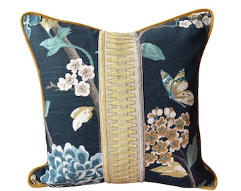 Designer Robert Allen Chinoiserie Bird Cotton Pillow Cover with Fret Velvet trim and Piping