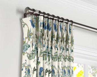 Pinch Pleat Linen Curtain Lee Jofa Blues Green off white Floral Jacobean print French Pleated Panel fabric Window treatment french drapery