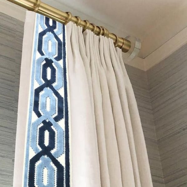 Linen Mix Euro Pinch Pleat wt Tape Border Many colors of fabric and Trim  Lined Curtain Panel designer Window treatment french drapery