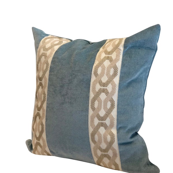 Pillow Cover Designer Aqua blue Velvet taupe beige ivory fret work chinoiserie ribbon trim 16 x 16