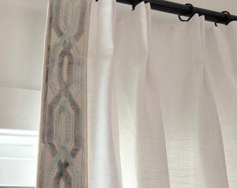 Linen Pinch Pleat Curtain optic white wt Tape Border light blue  Lined Panel designer Window treatment french drapery Stock Pair 70” x 88.5”