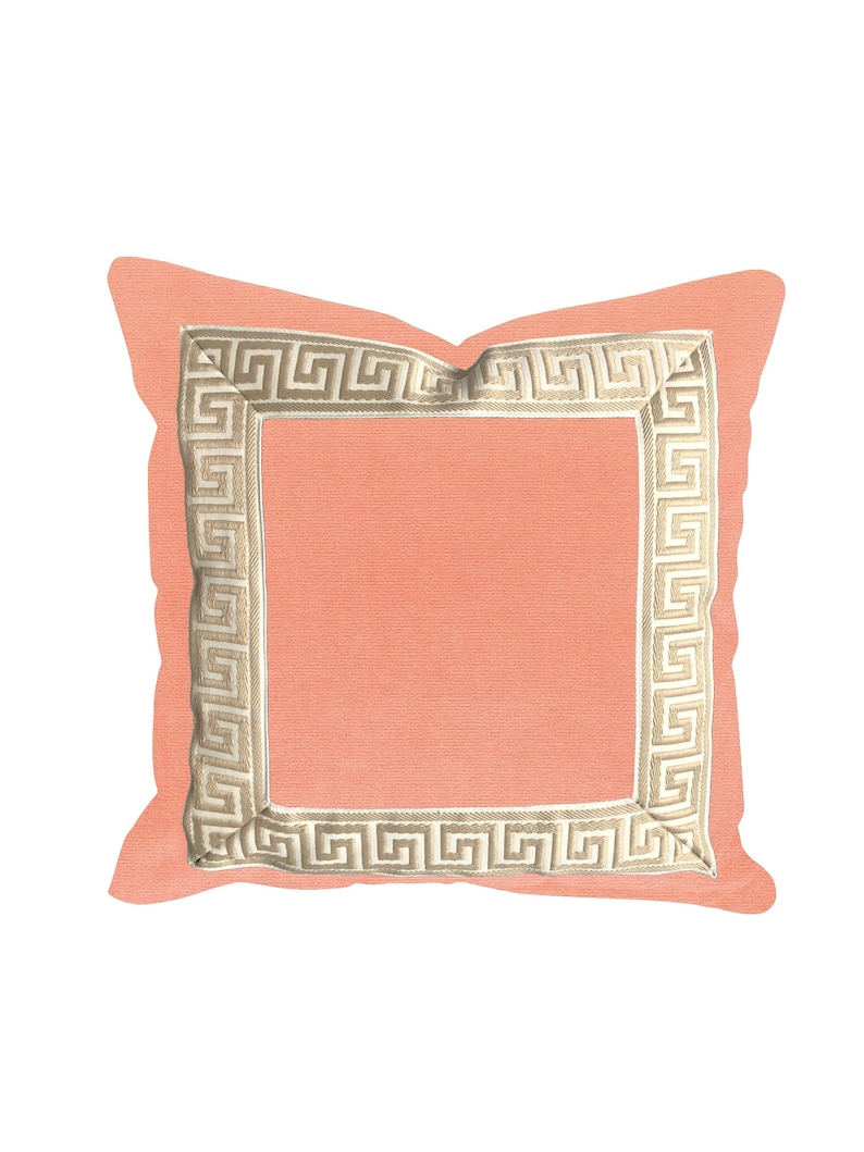 Peach Coral Designer linen Pillow Cover Beige White Greek key ribbon trim All Size Available peach image 1