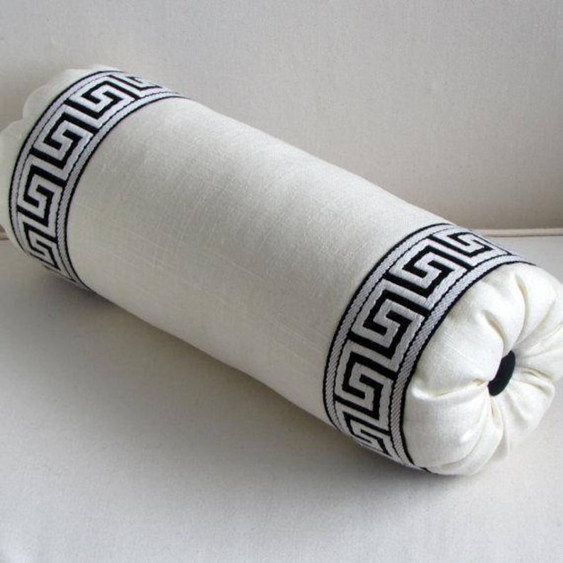 Bolster white linen & navy greek key ribbon trim Pillow Cover Etsy