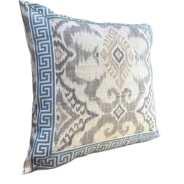 Robert Allen pillow cover Ikat Designer off white grey taupe maze ethnic throw decorative with Greek key tape 20” x 20”