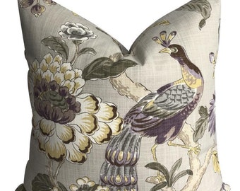 Pillow Cover Farmhouse Designer linen Floral Jacobean print bird and grey purple yellow throw bird accent decorative cushion lumbar square