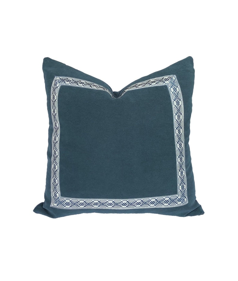 Designer slate blue Velvet Pillow navy cream tape fret work Etsy