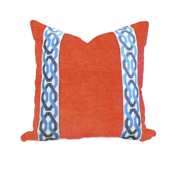 Burnt Orange Velvet Pillow Cover Navy Blue Ivory Chain Link Fret
