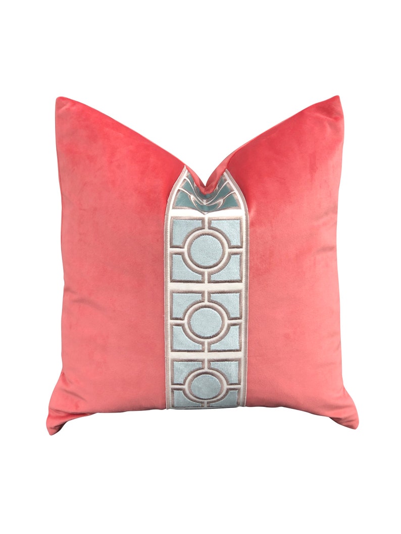 Spicy Coral Designer Velvet Pillow Cover Aqua Tape Fretwork Etsy Canada