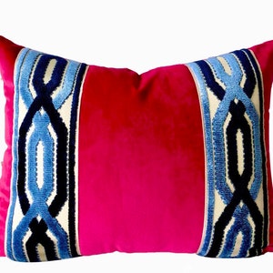 Designer Fuchsia Pink Velvet Pillow Cover fret work blue chain link tape ribbon trim All Size chinoiserie navy high end