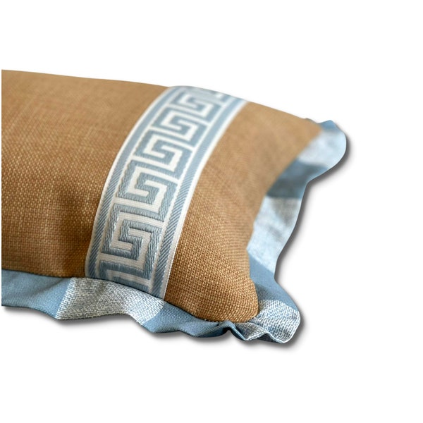 Designer Rattan linen Texture Natural French blue white Greek key trim tape and romantic plaid flange ruffle lumbar pillow cover 12 x 24