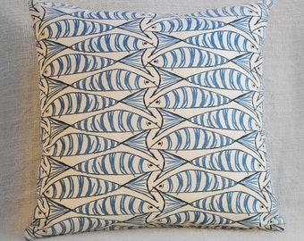 Seaside Fish Nautical Double Sided Cushion Cover. Sardine Design. Navy indigo blue fish against a white background. 17" x 17" Square.