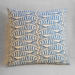 Seaside Fish Nautical Double Sided Cushion Cover. Sardine Design. Navy indigo blue fish against a white background. 17 x 17 Square. image 1