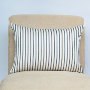 Nautical Cotton Ticking Stripe Boudoir Cushion. Nautical Inspired Navy Blue and Bright White Stripe Design. 17x12" Rectangle Cushion Cover