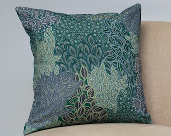 Winter Garden Linen Blend Cushion. Peacock Blue Sage Green and Teal. Sweeping Floral Leaves Design. 17x17 Square Cushion Cover Etsy