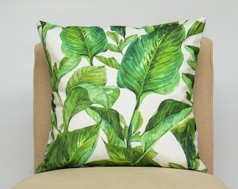 Palma Outdoor Cushion. Jungle Inspired Green Palm Leaf Design. Outside Home Accessory for Beachuts, Patios and Gardens. 17x17" Square Cover