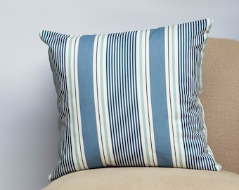 Coastal Stripe Cushion in Navy Blue. Classic Nautical Striped Pattern in Marine Blue and Seafoam White. 17x17" Square Cushion Cover