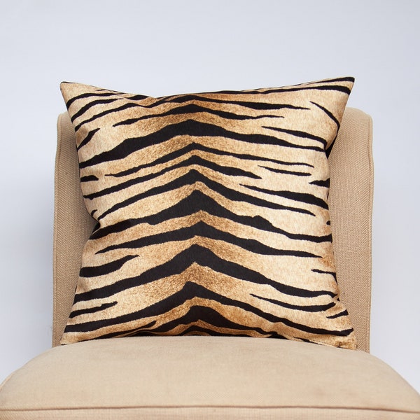 Tiger Stripe Velvet Cushion. Exotic Modern Big Cat Design in Deep Orange & Black. Supersoft Velvet Fabric. 17x17" Square Cushion