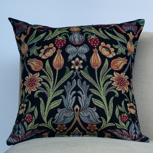 Trailing Leaves and Berries Morris Style Cushion Bright Red. 17x17" Square 