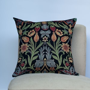 Manor Garden Tapestry Cushion. Morris Style Heavyweight Tapestry Countryside Botanical Design in Black. 17x17&quot; Cushion Cover