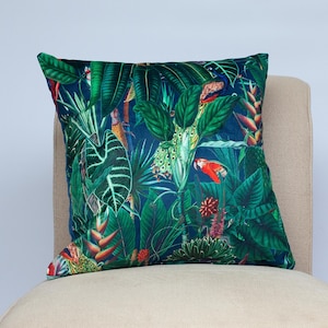 Lima Jungle Birds Velvet Cushion. Tropical Toucans, Peacocks & Jeweled Navy Blue Rainforest. Backed With a Plain Navy Soft Velvet. 17x17&quot;