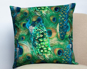 Velvet Peacock Procession Cushion. Bright Modern Blue & Green Peacock Feathers. Backed With A Soft Teal Velvet. 17x17" Square Cushion Cover