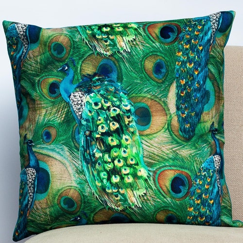 Velvet Peacock Procession Cushion. Bright Modern Blue & Green Etsy UK
