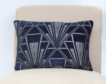 Art Deco Boudoir Cushion. Double Sided Luxury Velvet Chenille. Navy Blue and Silver. Geometric bold design. 20s/30s style. 17x12" Rectangle