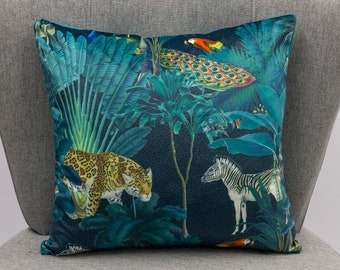 Palm Forest Velvet Cushion. Exotic Birds and Jungle Animals on a Bright Teal Background. Backed With a Plain Teal Soft Velvet. 17" Square.