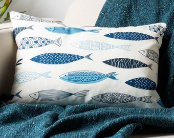 Atlantic Fish Print Boudoir Cushion Cover. Nautical Blue and White Sardine Fish Pattern for Beachuts & Seaside Homes. 17x12" Rectangle Cover