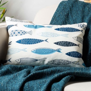 Atlantic Fish Print Boudoir Cushion Cover. Nautical Blue and White Sardine Fish Pattern for Beachuts & Seaside Homes. 17x12" Rectangle Cover