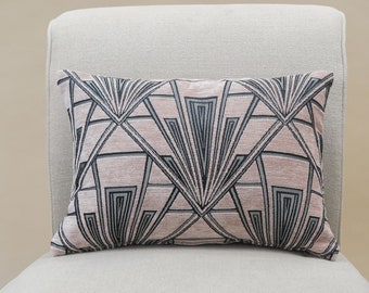 Art Deco Geometric Boudoir Cushion. Blush Pink and Silver Vintage Design. Luxury Velvet Chenille. 17x12" Rectangle Cushion Cover.