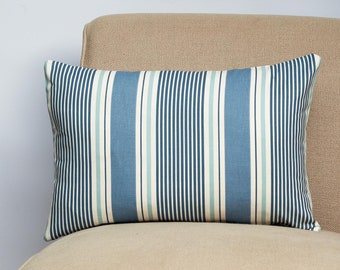 Coastal Stripe Boudoir Cushion in Navy Blue. Classic Nautical Striped Pattern in Marine Blue & Seafoam White. 17x12" Rectangle Cushion Cover