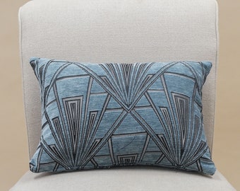 Art Deco Geometric Boudoir Cushion. Steel Blue and Silver Vintage Design. Luxury Velvet Chenille. 17x12" Rectangle Cushion Cover.