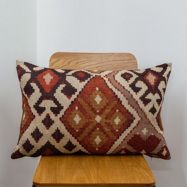 Terracotta Kilim Turkish Style Printed XL Rectangular Cushion. Double Sided. 23x15" XL. Soft, Rust Coloured, All-Natural Linen-Blend Cloth.