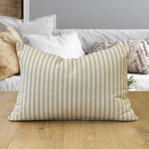 Nautical Cotton Ticking Stripe Boudoir Cushion. Nature Inspired Sage Green and Bright White Stripe Design. 17x12" Cushion Cover