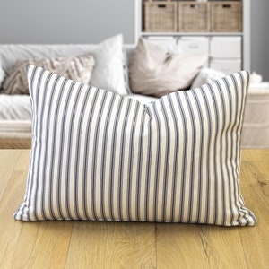 Nautical Cotton Ticking Stripe Boudoir Cushion. Nautical Inspired Grey and Bright White Stripe Design. 17x12" Boudoir Cushion Cover