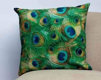 Velvet Peacock Feather Cushion. Bright Modern Blue & Green Peacock Feathers. Backed With A Soft Teal Velvet. 17x17" Square Cushion Cover