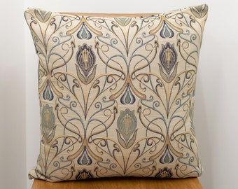 Millefleur Tapestry Style Cushion. Symmetrical Morris Style Floral Design in Sapphire Blue and Natural Beige. 17x17" Square, Double Sided.