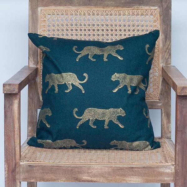 100% Cotton Strolling Jungle Leopards Cushion. 17x17" Square Cushion Cover. Gold Leopards with Teal Blue Background.
