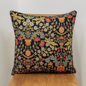 Vintage Morris Styled Leaves and Berries Tapestry Cushion. 17x17&quot; Square. Double Sided. Deep Black.