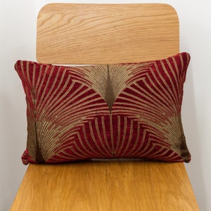 Art Deco Boudoir Cushion. Geometric Red and Gold. Luxury Velvet Chenille. 17x12" (43x30cm) Double Sided. Pillow. 20s and 30s Style.