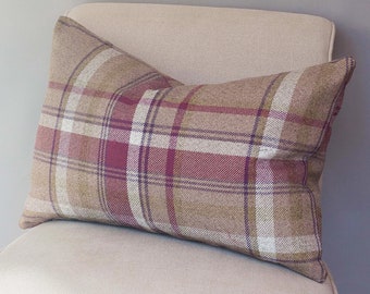 Cosy Checked XL Rectangular Cushion in Heather. Double Sided. 23x15" (58 x 38cm). Balmoral Style Highland Tartan Check Pillow.