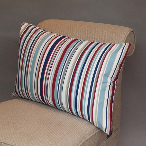 Nautical Blue and Red Marine Stripes XL Rectangular Cushion. Coastal deckchair style stripe printed design. 23 x 15", 100% Cotton.