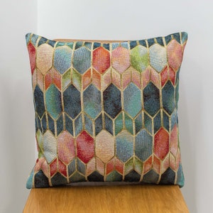 Vintage Venice Stained Glass Style Tapestry Cushion. Geometric Renaissance Design with Gold Detailing. 17x17". Blue, Red, Green.